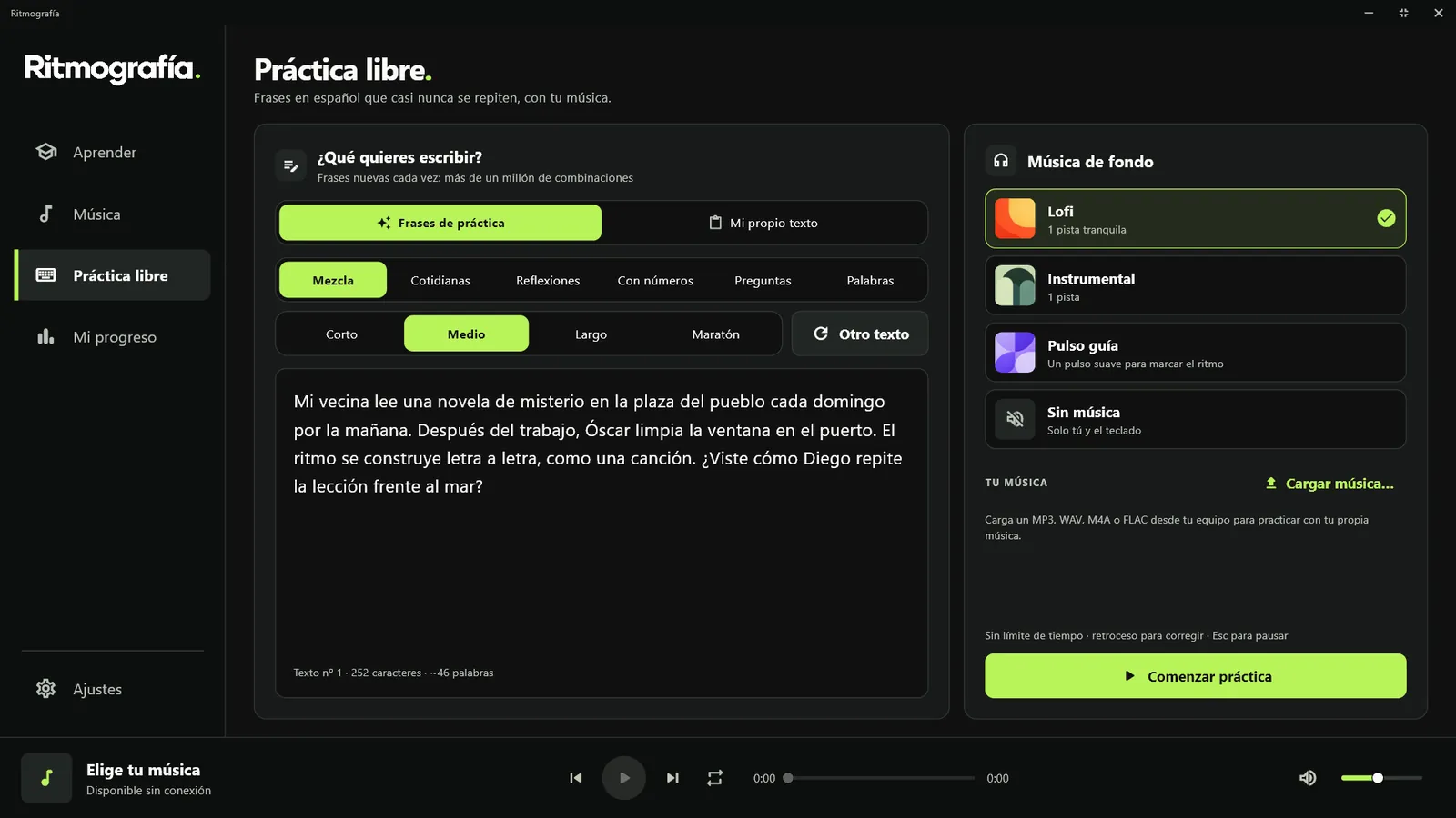 Práctica libre con la frase generada y la música de fondo elegida